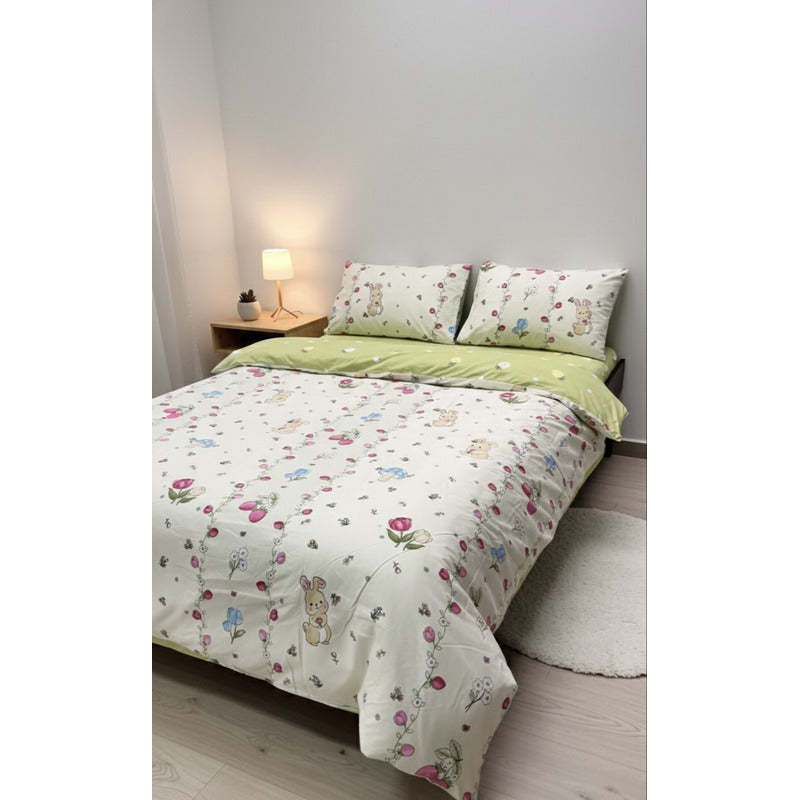 Edredón Premium Duvet Dos Vistas Matri Con Relleno Incluido Beige Conejito Capullo Fresas Algodón Alta Densidad