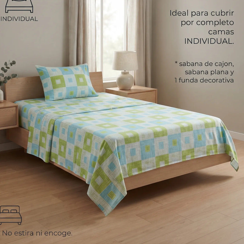 Juego De Sabanas Franela Mariol 100% Algodón Individual Azul Claro Milán Azul/verde